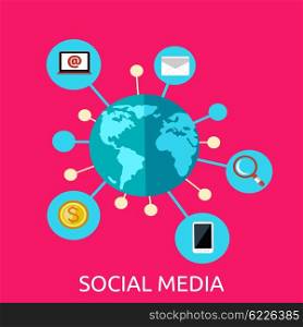 Social media web page design flat. Social network media marketing, blog web page, internet technology business, webpage content, website communication vector illustration