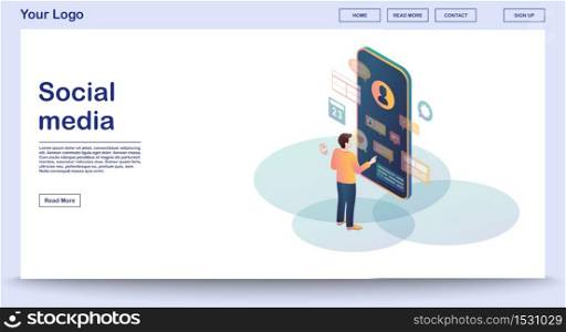 Social media webpage vector template with isometric illustration. Website interface design. Online communication. Augmented reality. Messenger. Chatting. Webpage, mobile app 3d concept. Social media webpage vector template with isometric illustration