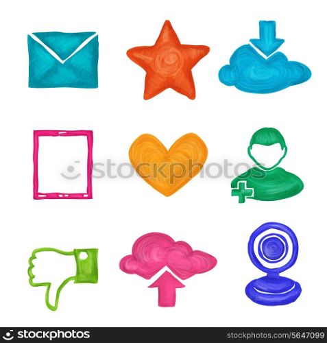 Social media website application elements painted icons set isolated vector illustration