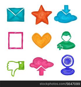 Social media website application elements painted icons set isolated vector illustration