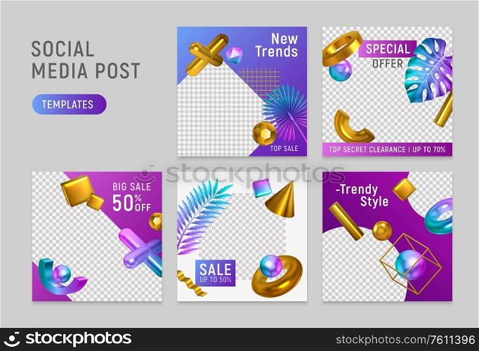 Social medial post checked paper shiny golden geometric objects templates realistic set web page design vector illustration