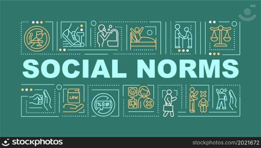 Social moral norms green word concepts banner. Public culture rules. Infographics with linear icons on green background. Isolated creative typography. Vector outline color illustration with text. Social moral norms green word concepts banner