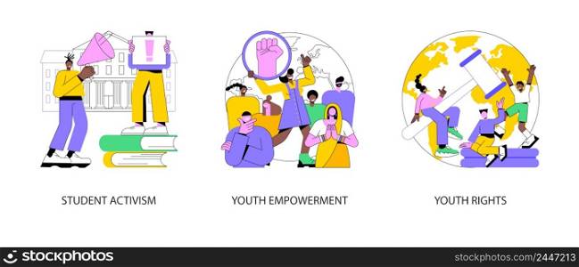 Social movement abstract concept vector illustration set. Student activism, youth empowerment, young people rights protection, age of majority, democracy building, take action abstract metaphor.. Social movement abstract concept vector illustrations.