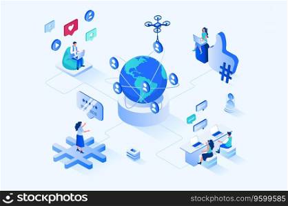 Social network 3d isometric web design. People communicate online with community of friends, view virtual content, like and comment on posts, browsing and online chatting. Vector web illustration. Social network 3d isometric web design. Vector web illustration