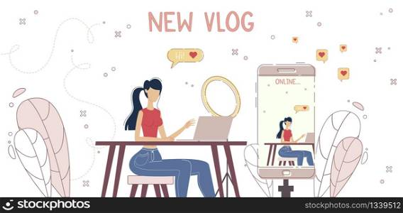 Social Network Activity, Streaming Live Video, Internet Reviewer Concept. Woman Recording and Posting New Vlog, Blogger Communicating, Chatting with Online Audience Trendy Flat Vector Illustration