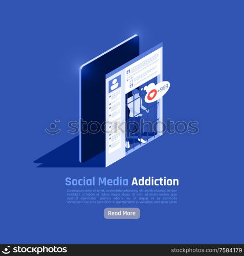 Social network addiction isometric background composition with more button text and images of human in cage vector illustration. Social Networks Addiction Background