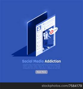 Social network addiction isometric background composition with more button text and images of human in cage vector illustration. Social Networks Addiction Background