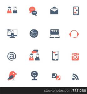 Social network and online communication with laptops and smartphones black red icons set flat isolated vector illustration . Social network black red icons set