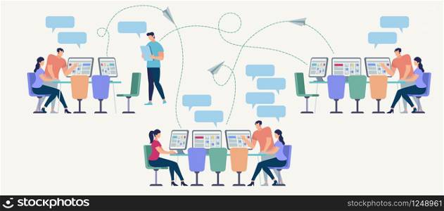 Social Network and Teamwork Concept. App for Information Exchange Online. Communication systems and Digital Technologies. Networking People Set. Office and Messaging. Flat style Vector Illustration.. Network and Teamwork. Vector Illustration.
