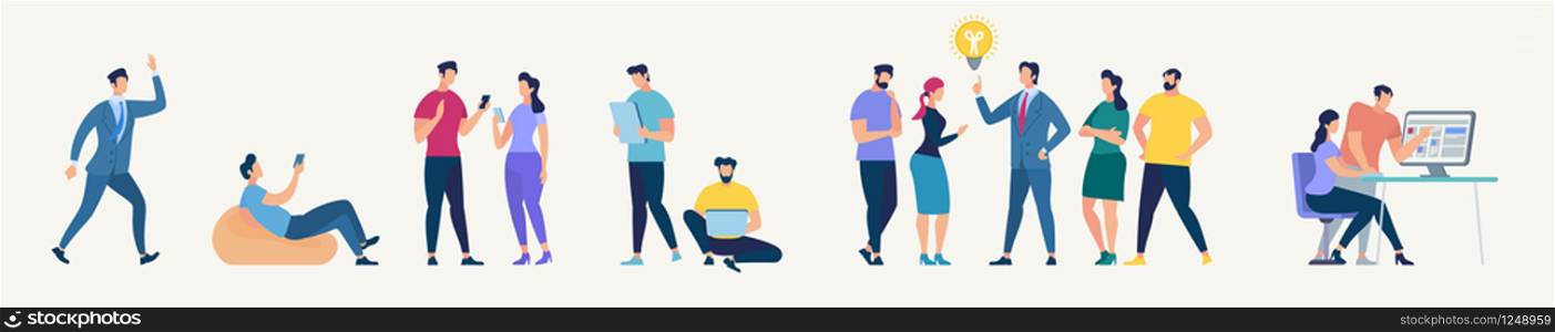 Social Network and Teamwork Concept. Communication systems and Digital Technologies. Networking People and Human Communication Set. Men and Women Talk. Flat style Vector Illustration.. Social Network and Teamwork Vector Concept.