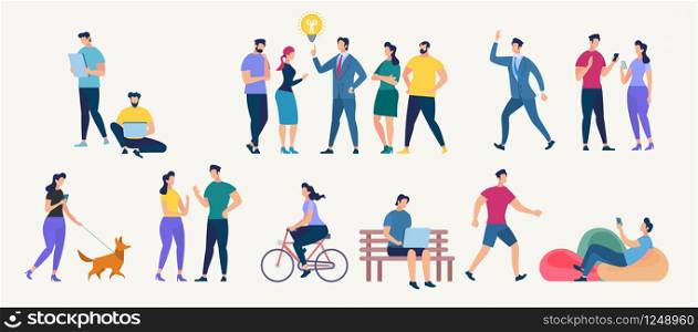 Social Network and Teamwork Concept. Communication systems and Digital Technologies. Networking People and Human Communication Set. Men and Women Talk. Flat style Vector Illustration.. Social Network and Teamwork Vector Concept.