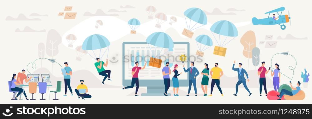 Social Network and Teamwork Concept. Communication systems and Digital Technologies. Networking People and Human Communication Set. Messaging App. Flat style Vector Illustration.. Social Network and Teamwork Vector Concept.