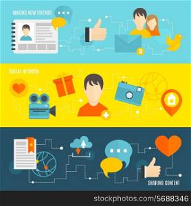 Social network banner set with making new friends sharing content isolated vector illustration