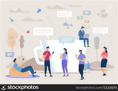 Social Network Community Flat Vector Concept. People Using Cellphones, Businessman Working on Laptop, Messaging with Friend, Colleagues Online, Following, Communicating in Social Network Illustration