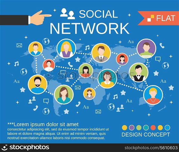 Social network computer users communication activity concept layout chart with avatars icons composition templates flat vector illustration