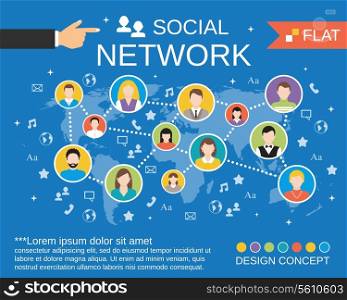 Social network computer users communication activity concept layout chart with avatars icons composition templates flat vector illustration