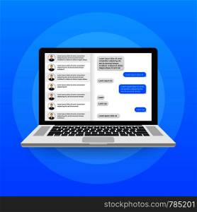 Social network concept. Blank template. Laptop with messenger application. Vector illustration.. Social network concept. Blank template. Laptop with messenger application. Vector stock illustration.