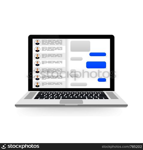 Social network concept. Blank template. Laptop with messenger application. Vector illustration.. Social network concept. Blank template. Laptop with messenger application. Vector stock illustration.