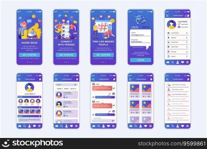Social network concept screens set for mobile app template. People share ideas online, blogging, connect with friends. UI, UX, GUI user interface kit for smartphone application layouts. Vector design
