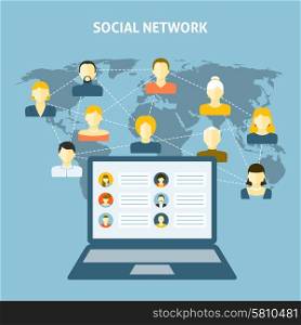 Social Network Concept. Social network concept with laptop people avatar connected and world map on background vector illustration