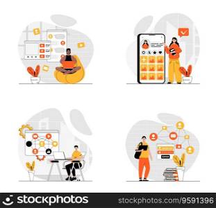 Social network concept with character set. Collection of scenes people making blogging and online communication, connecting with friends, share links and posts. Vector illustrations in flat web design