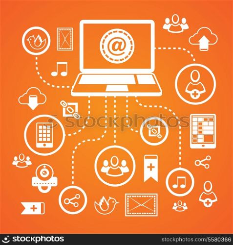 Social network concept with laptop connected to web communication icons vector illustration