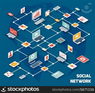 Social network concept with laptops with isometric application buttons set vector illustration
