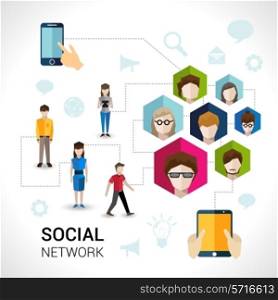 Social network concept with people avatars in hexagon shape and mobile devices elements vector illustration