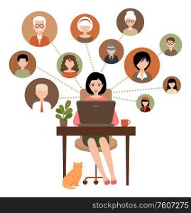 Social network concept. Woman with a laptop. Virtual communication. Vector illustration
