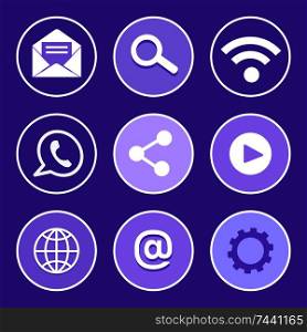 Social network, globe Earth planet isolated icons set vector. Share sign, gear tool, mobile phone and video button symbol. Opened message, e-mail. Social Network Globe Icons Vector Illustration