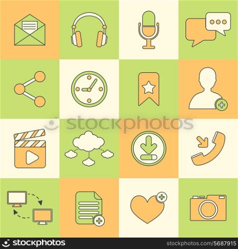 Social network icons flat line set with communication user interface elements isolated vector illustration