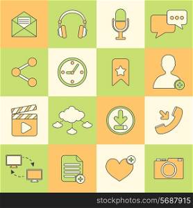 Social network icons flat line set with communication user interface elements isolated vector illustration