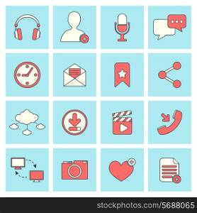 Social network icons flat line set with website elements isolated vector illustration