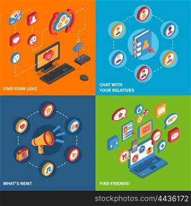 Social Network Icons Isometric Set. Isometric icon set with different variants of activity in social network vector illustration