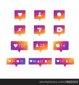 Social network icons. Like, comment, follow, thumbs up, heart symbol. Vector gradient color