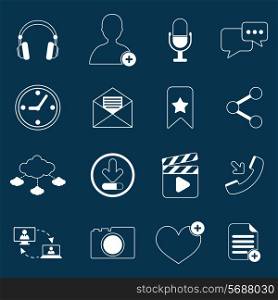 Social network icons outline set with media elements isolated vector illustration
