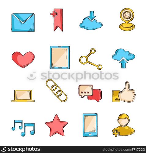 Social network icons sketch line set with communication user interface elements isolated vector illustration