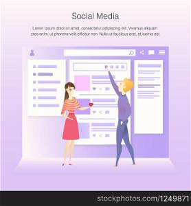 Social Network Interface Wireframe Develop Process. Team Character Construct Project Design Web Interface to Improve User Experience Concept for Website or Landing Page. Flat Vector Illustration. Social Network Interface Wireframe Develop Process