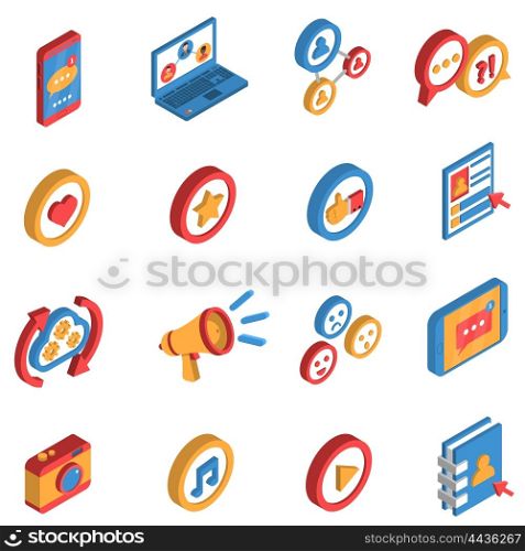Social Network Isometric Icon Set. Isometric isolated icon set with decorative colorful symbols and elements of social network and internet vector illustration