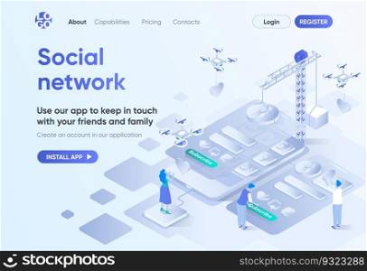 Social network isometric landing page. Mobile communication service, online chatting and media content sharing. Messaging template for CMS and website builder. Isometry scene with people characters
