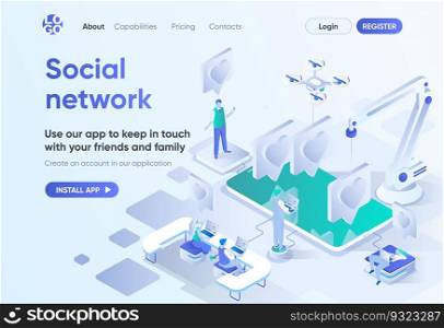 Social network isometric landing page. Online communication with friends and family, social media content sharing. Messaging template for CMS and website builder. Isometry scene with people characters