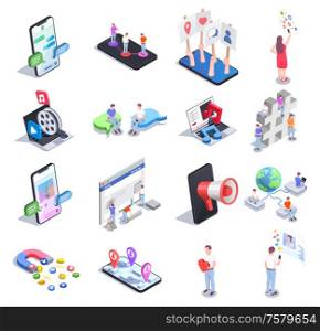 Social network isometric set of isolated icons and conceptual images with gadgets people and colourful pictograms vector illustration