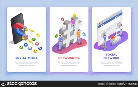 Social network isometric vertical banners set with conceptual images human characters editable text smiles and emoticons vector illustration