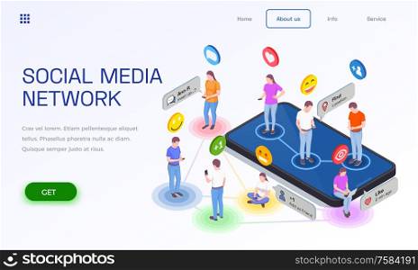 Social network isometric web site landing page design with human characters emoji pictograms and clickable links vector illustration. Social Network Landing Page