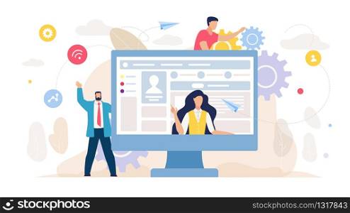 Social Network Management and Marketing. Cartoon Businessman, Female Coach and Male Developer Characters. Huge Computer Monitor with Woman Mentor on Screen. Video Tutorial. Vector Flat Illustration. Social Network Management and Marketing Cartoon