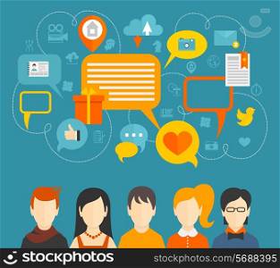 Social network media icons concept with people avatars and speech bubbles vector illustration.