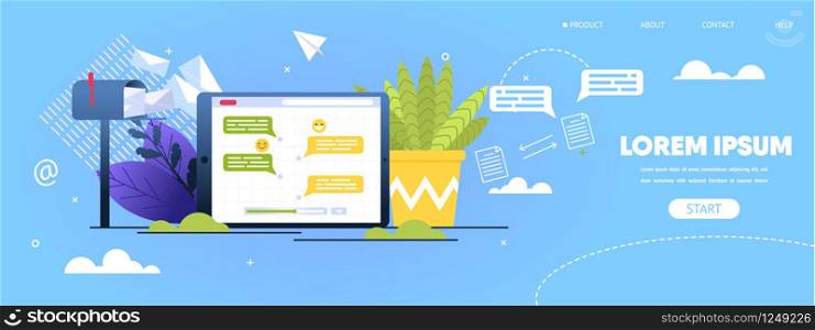 Social Network Messaging, Business Mailing Service Carton Vector Web Banner, Landing Page Template. Internet Users Messages on Tablet Screen, Postbox with Paper Letters and Flowerpot Illustration