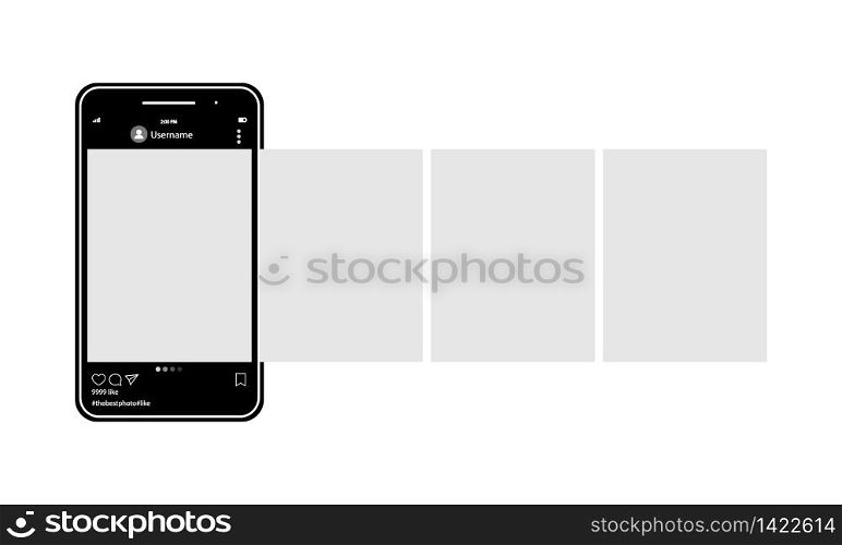 Social network messenger page template. Smartphone with social photo network interface. Mockup of the mobile app Mobile with open photo social network on an isolated background. EPS 10 vector
