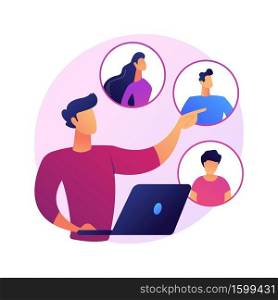 Social network. Online dating service, chatting, internet communication. Girl cartoon character looking at profiles with photo on social media. Vector isolated concept metaphor illustration. Social network, chatting vector concept metaphor.
