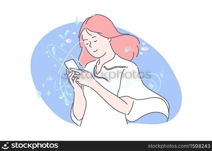 Social network or smm concept. Happy woman blogger communicates in social media. Young girl is addicted to social networks. Student uses mobile phone for typing messages. Simple flat vector. Social network or smm concept